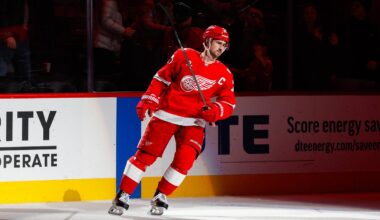 Jan 16, 2026; Detroit, Michigan, USA; Detroit Red Wings center Dylan Larkin (71) looks on following the Red Wings win over the San Jose Sharks at Little Caesars Arena. Mandatory Credit: Brian Bradshaw Sevald-Imagn Images