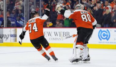 Apr 5, 2026; Philadelphia, Pennsylvania, USA; Philadelphia Flyers right wing Owen Tippett (74) celebrates with goalie Dan Vladar (80) after the game against the Boston Bruins at Xfinity Mobile Arena.