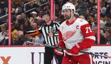 Mar 31, 2026; Pittsburgh, Pennsylvania, USA;  Detroit Red Wings center Dylan Larkin (71) celebrates his power play goal against the Pittsburgh Penguins during the second period at PPG Paints Arena. Mandatory Credit: Charles LeClaire-Imagn Images