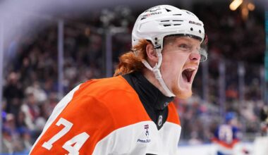 Apr 3, 2026; Elmont, New York, USA; Philadelphia Flyers forward Owen Tippett (74) celebrates a goal against the New York Islanders during the first period at UBS Arena.