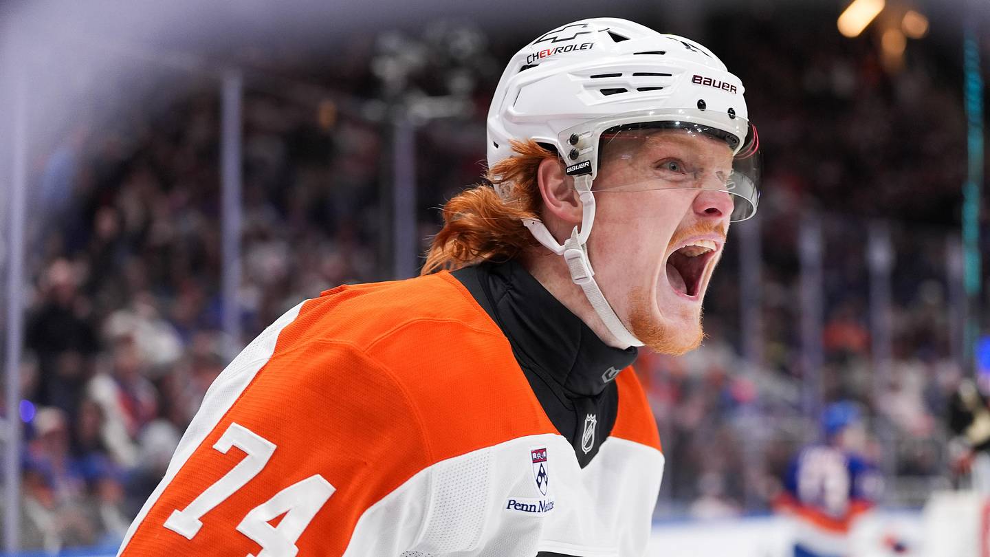 Apr 3, 2026; Elmont, New York, USA; Philadelphia Flyers forward Owen Tippett (74) celebrates a goal against the New York Islanders during the first period at UBS Arena.