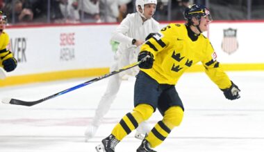 Jan 5, 2026; St. Paul, Minnesota, USA; Sweden forward Ivar Stenberg (15) celebrates his empty-net goal against Czechia during the third period in the final of the 2026 IIHF World Junior Championship ice hockey tournament at Grand Casino Arena. Mandatory Credit: Nick Wosika-Imagn Images