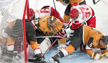 Jun 6, 2026; Las Vegas, Nevada, USA; Carolina Hurricanes right wing Andrei Svechnikov (37) scores a goal against Vegas Golden Knights goaltender Carter Hart (79) during the third period in game three of the 2026 Stanley Cup Final at T-Mobile Arena. Mandatory Credit: Lucas Peltier-Imagn Images