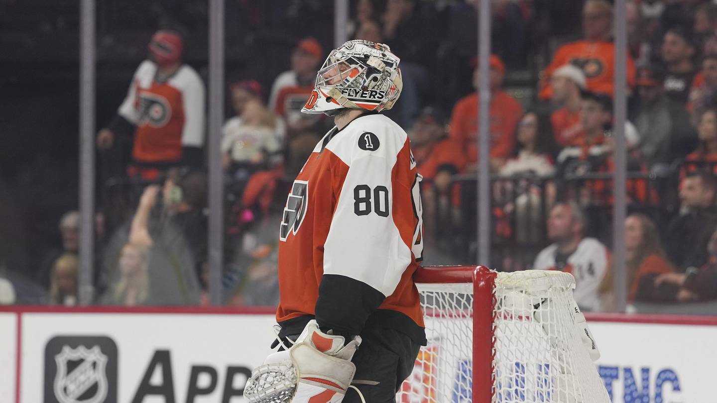 May 9, 2026; Philadelphia, Pennsylvania, USA; Philadelphia Flyers goaltender Dan Vladar (80) looks on during the second period against the Carolina Hurricanes in game four of the second round of the 2026 Stanely Cup Playoffs at Xfinity Mobile Arena. Mandatory Credit: James Lang-Imagn Images