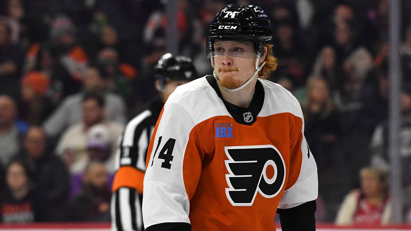 Jan 21, 2025; Philadelphia, Pennsylvania, USA; Philadelphia Flyers right wing Owen Tippett (74) against the Detroit Red Wings at Wells Fargo Center. Mandatory Credit: Eric Hartline-Imagn Images