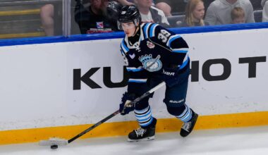 KELOWNA, CANADA - MAY 24: Liam Lefebvre #39 of the Chicoutimi Saguenéens skates with the puck during the second period of their 2026 Memorial Cup game against the Kelowna Rockets at Prospera Place on May 24, 2026 in Kelowna, British Columbia, Canada. (Photo by Derek Cain/Getty Images)