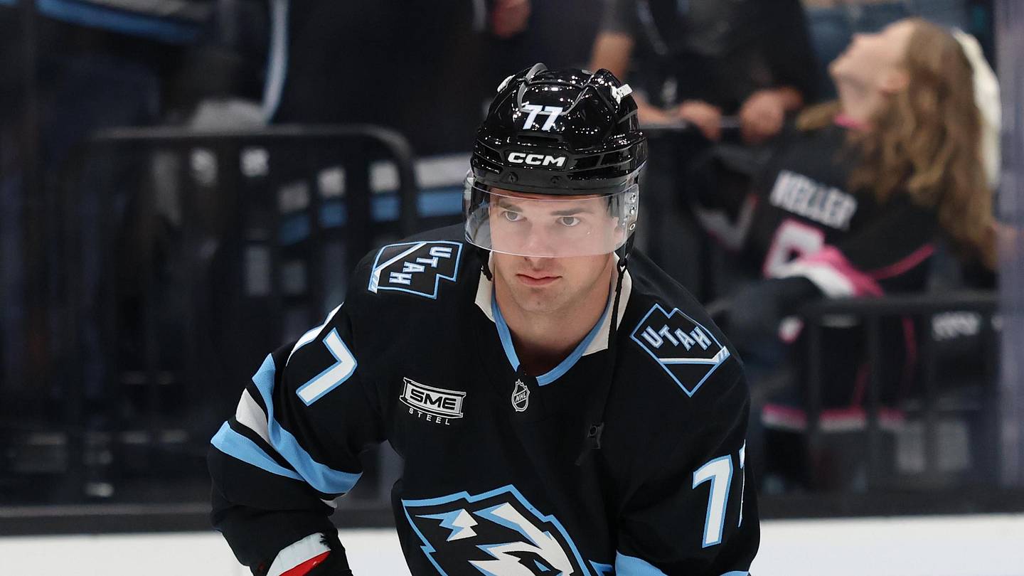 Apr 9, 2026; Salt Lake City, Utah, USA; Utah Mammoth right wing JJ Peterka (77) warms up before a game against the Nashville Predators at Delta Center. Mandatory Credit: Rob Gray-Imagn Images