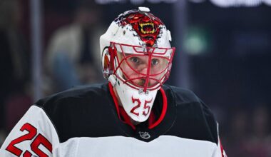 Apr 5, 2026; Montreal, Quebec, CAN; New Jersey Devils goalie Jacob Markstrom (25) looks on during warm-up before the game against the Montreal Canadiens at Bell Centre. Mandatory Credit: David Kirouac-Imagn Images