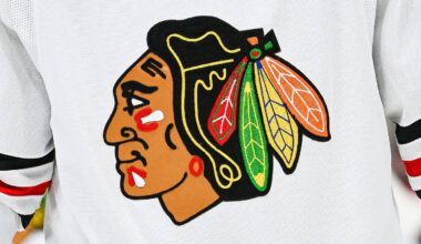 Feb 14, 2023; Montreal, Quebec, CAN; View of a Chicago Blackhawks logo on a jersey worn by a member of the team against the Montreal Canadiens during the third period at Bell Centre. Mandatory Credit: David Kirouac-Imagn Images