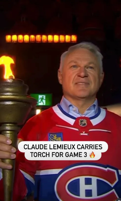 Person in a hockey jersey holding a lit torch. Text reads, "Claude Lemieux carries torch for Game 3."