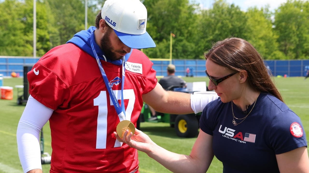 Hayley Scamurra gets a thrill showing off US hockey gold medal with Josh Allen at Bills practice