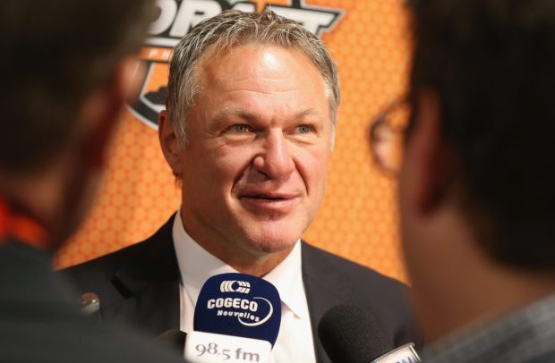 Former player Claude Lemieux speaks to the media on Day Two of the 2014 NHL Draft.