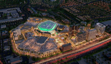 A rendering for the proposed new development for the planned Dallas Stars arena and entertainment complex. 