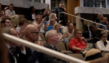 Concerned citizens applaud comments from a resident shared during a meeting held for council members to vote on whether to approve key measures in the Dallas Stars’ proposed new arena at the Shops at Willow Bend. The meeting was conducted at the Senator Florence Shapiro Council Chambers, 1520 K Avenue in Plano, on June 8, 2026.