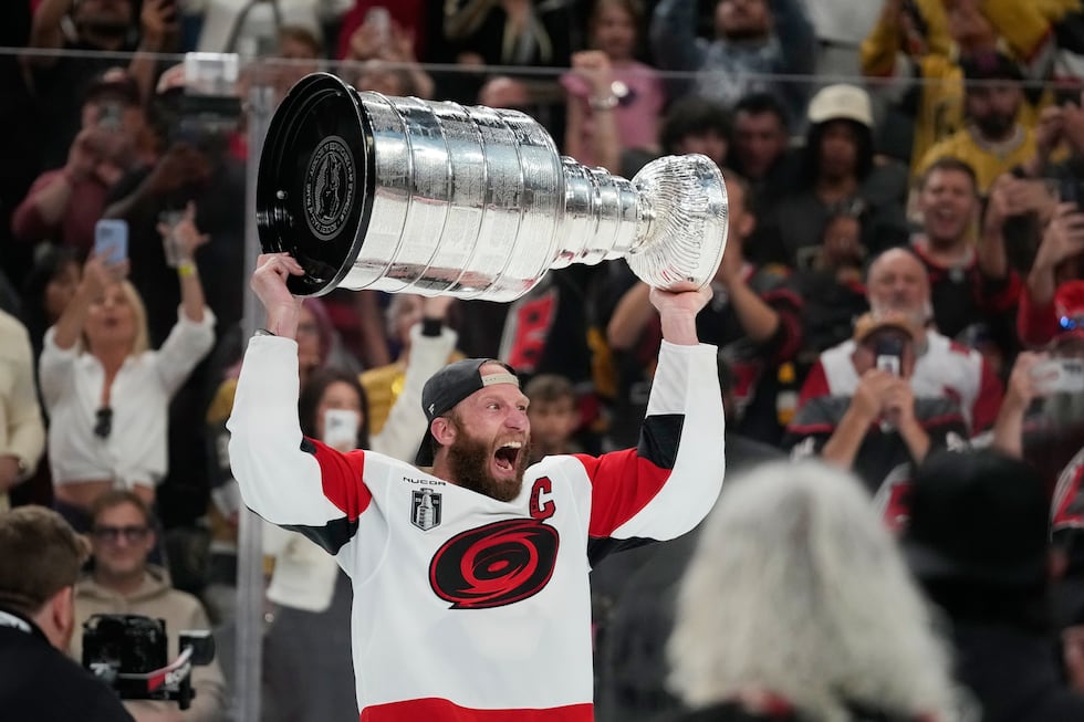 Carolina Hurricanes center Jordan Staal (11) celebrates after a win over the Vegas Golden...