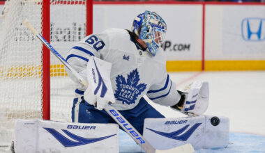 Toronto Maple Leafs goaltender Joseph Woll (60) makes a save against the Florida Panthers during the first period at Amerant Bank Arena.