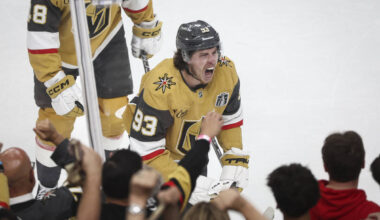 Golden Knights right wing Mitch Marner (93) celebrates his hat trick against the Carolina Hurri ...