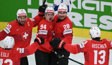 Newly signed Bruins forward Attilio Biasca (center) played in a Swiss trio with the Devils' Timo Meier (second from right) and Nico Hischier at the IIHF World Championship.