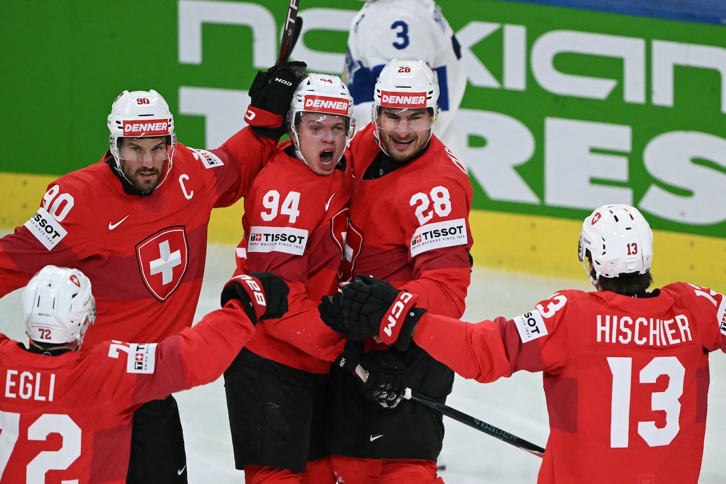 Newly signed Bruins forward Attilio Biasca (center) played in a Swiss trio with the Devils' Timo Meier (second from right) and Nico Hischier at the IIHF World Championship.