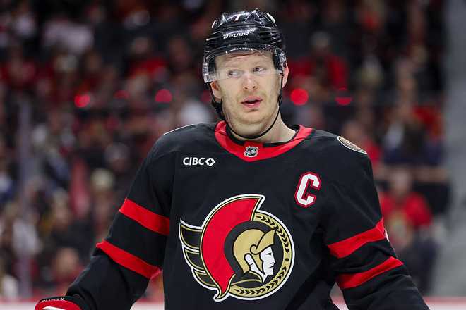 OTTAWA, ON - APRIL 25: Brady Tkachuk #7 of the Ottawa Senators takes a break during a stoppage in play against the Carolina Hurricanes in Game Four of the First Round of the 2026 Stanley Cup Playoffs on April 25, 2026, at Canadian Tire Centre in Ottawa, ON, Canada. (Photo by Richard A. Whittaker/Icon Sportswire via Getty Images)