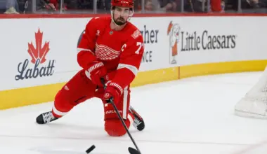 Detroit Red Wings center Dylan Larkin (71) skates with the puck in the first period against the Columbus Blue Jackets at Little Caesars Arena.
