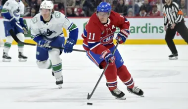 Montreal Canadiens forward Brendan Gallagher (11) plays the puck and Vancouver Canucks forward Brock Boeser (6) defends during the second period at the Bell Centre.