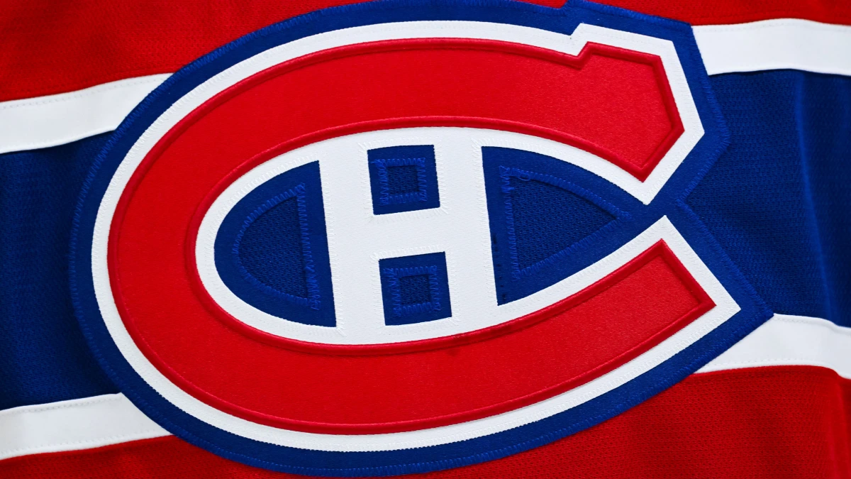 View of a Montreal Canadiens logo on a jersey worn by a member of the team during the second period at Bell Centre.