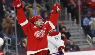 Detroit Red Wings center Dylan Larkin (71) celebrates after scoring in the second period against the Montreal Canadiens at Little Caesars Arena.