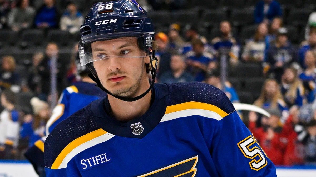 St. Louis Blues right wing Mathias Laferriere (58) in action against the Columbus Blue Jackets at Enterprise Center.