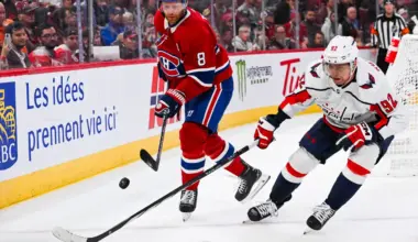 Montreal Canadiens defenseman Mike Matheson (8) defends the puck against Washington Capitals center Evgeny Kuznetsov (92) during the third period at Bell Centre.
