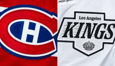 View of a Los Angeles Kings logo on a jersey worn by a member of the team during the third period at Bell Centre.