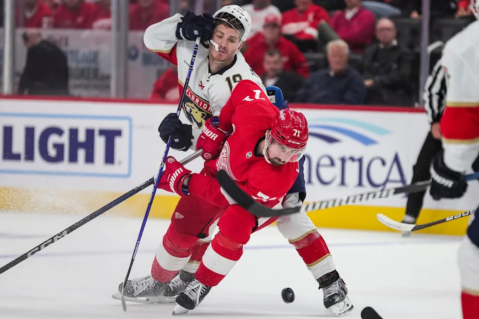 Detroit Red Wings center Dylan Larkin (71) steals the puck from Florida Panthers left wing Matthew Tkachuk (19) during the third period at Little Caesars Arena in Detroit on Thursday, Nov. 2, 2023.