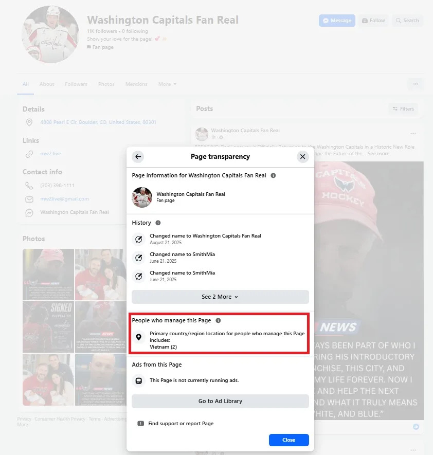 <span>Screenshot of page transparency information captured from Facebook on June 3, 2026</span>