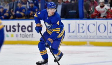Bowen Byram (4) skates with the puck during the first period of an NHL hockey game against the Detroit Red Wings, Friday, March 27, 2026, in Buffalo, N.Y. (AP Photo/Adrian Kraus)
