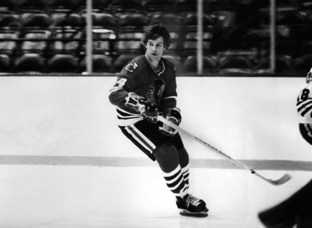 Defensman Bobby Orr wheels around the Chicago Stadium in his first workout with the Chicago Blackhawks on Sept. 17, 1976. (Michael Budrys/Chicago Tribune)