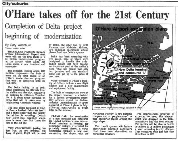 A complex for Delta Air Lines opened at Chicago's O'Hare International Airport in 1984. (Chicago Tribune)