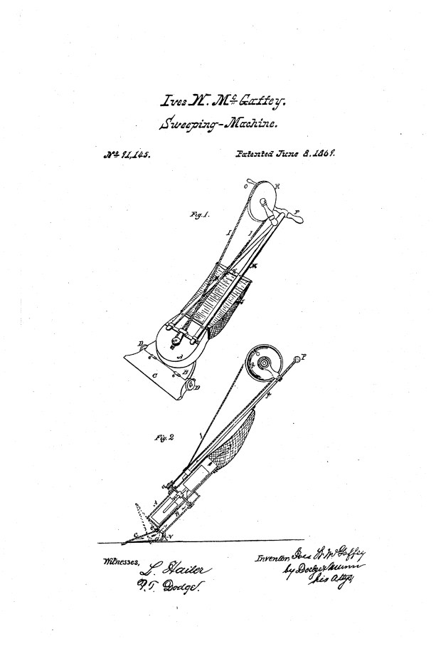 Ives W. McGaffey, of Chicago, received a patent on June 8, 1869, for an "improved sweeping-machine" for use in cleaning floors. (U.S. Patent Office)
