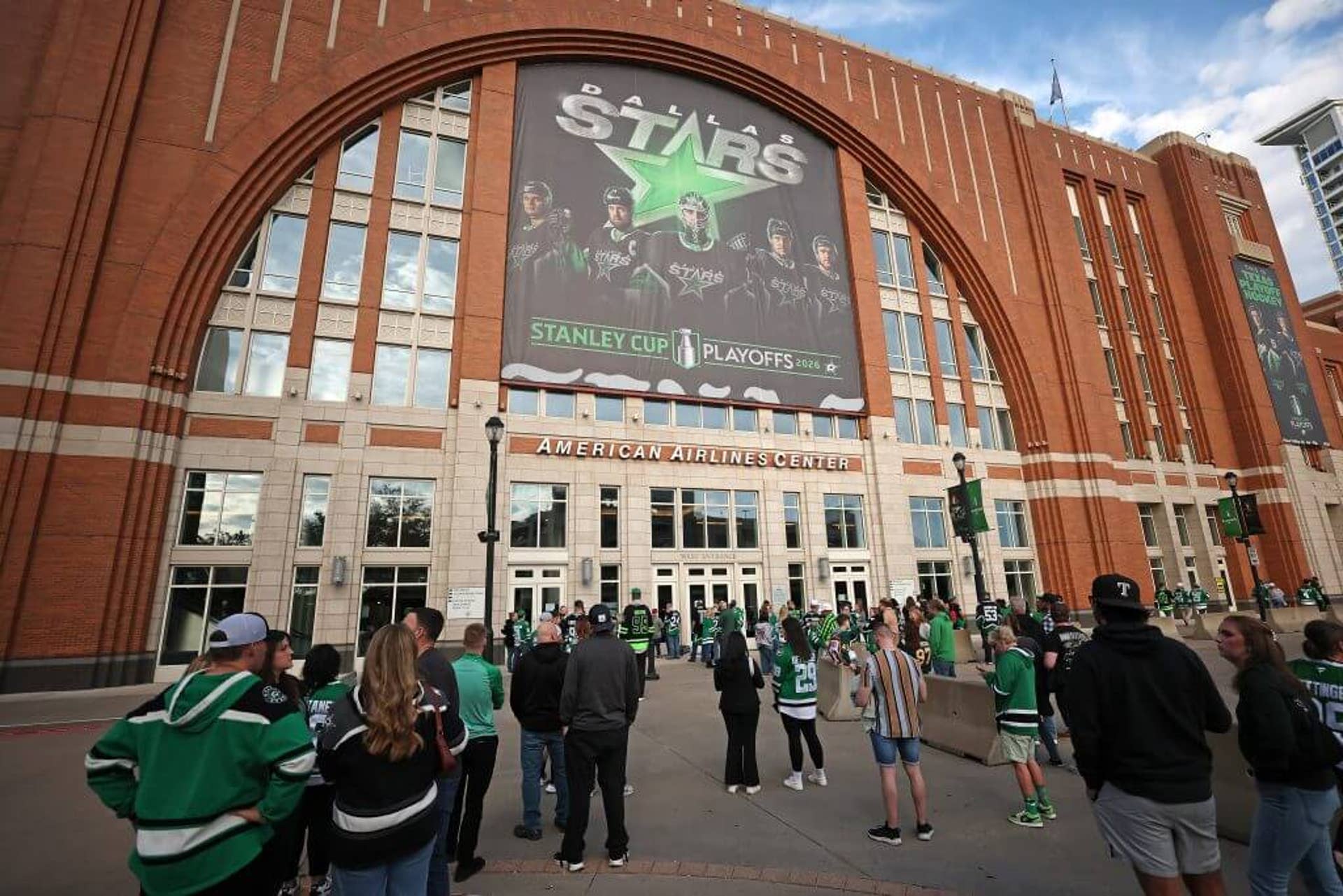 Fans gather outside American Airlines Center before a playoff game on April 20, 2026.