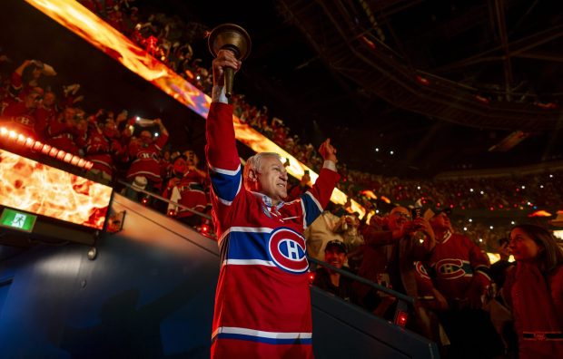Claude Lemieux carries the torch in the opening ceremony of Game Three of the Eastern Conference Final of the 2026 Stanley Cup Playoffs between the Montreal Canadiens and the Carolina Hurricanes at the Bell Centre on May 25, 2026 in Montreal, Quebec, Canada. (Photo by Matt Garies/NHLI via Getty Images)