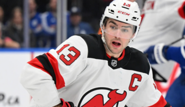 New Jersey Devils forward Nico Hischier (13) pursues the play against the Toronto Maple Leafs in the third period at Scotiabank Arena. Dan Hamilton-Imagn Images