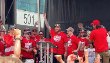 Nicolas Deslauriers re-signs with Hurricanes during Stanley Cup championship parade.