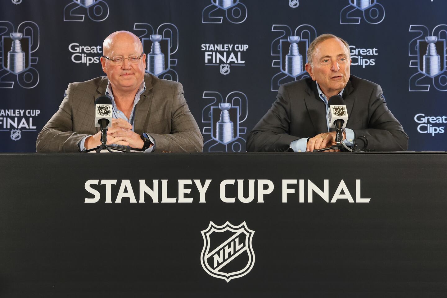 Priot to Game 1 of the Stanley Cup Final, Bill Daly (left) and Gary Bettman found time to speak about plans involving athletes' college eligibility, and their potential impact on the sport.