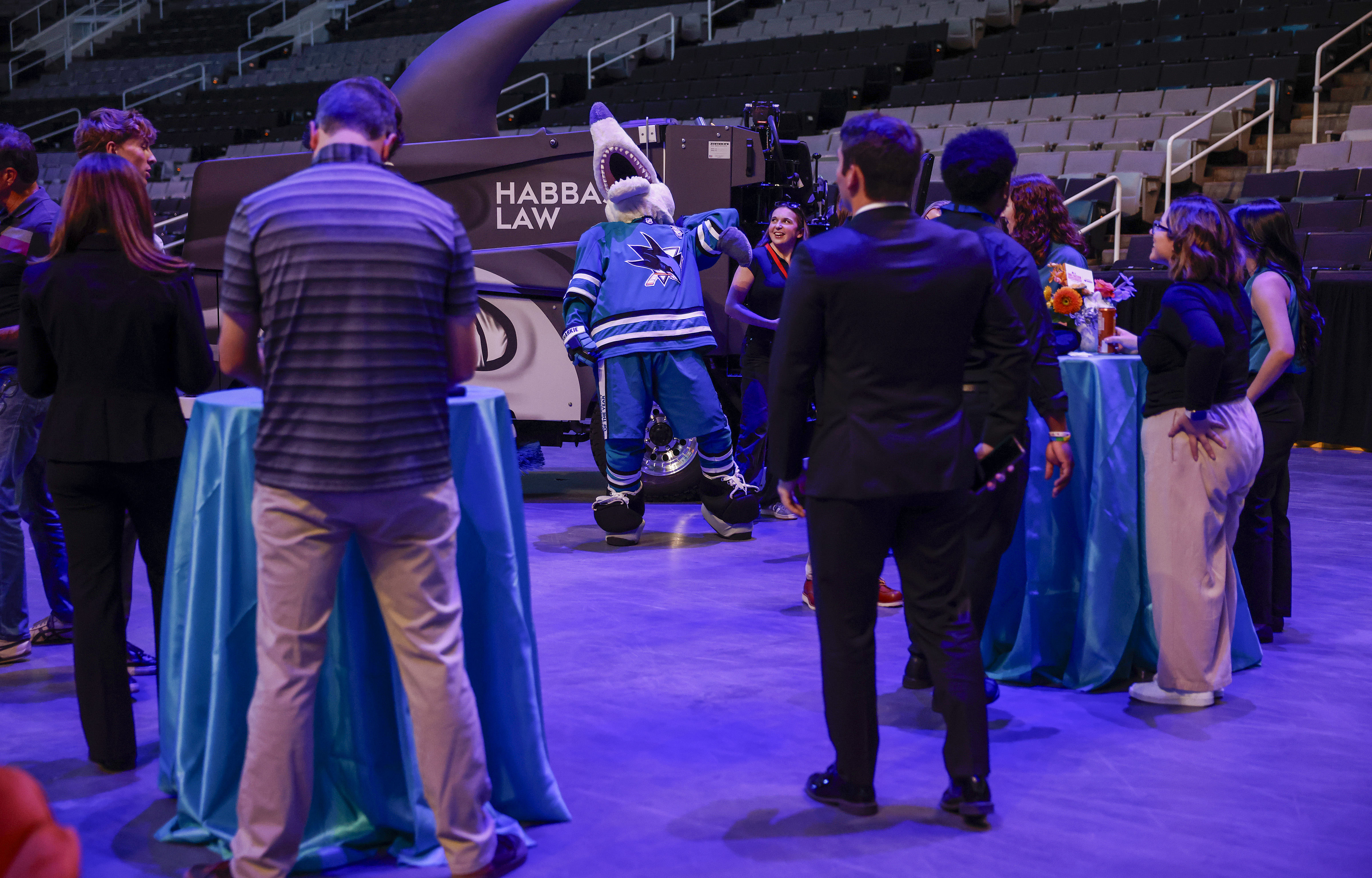 San Jose Sharks mascot S.J. Sharkie jokes around with guests...