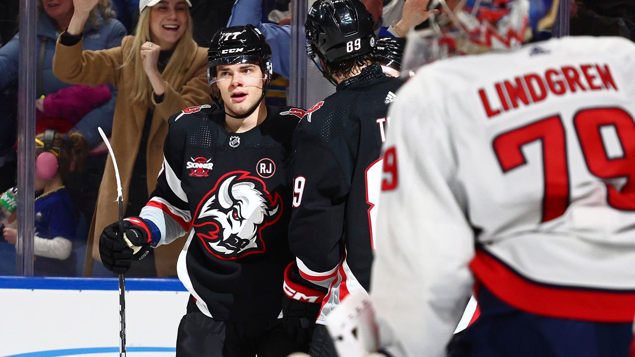 Buffalo Sabres right wing JJ Peterka (77) celebrates his goal during the first period of an NHL hockey game against the Washington Capitals. (AP Photo/Jeffrey T. Barnes)