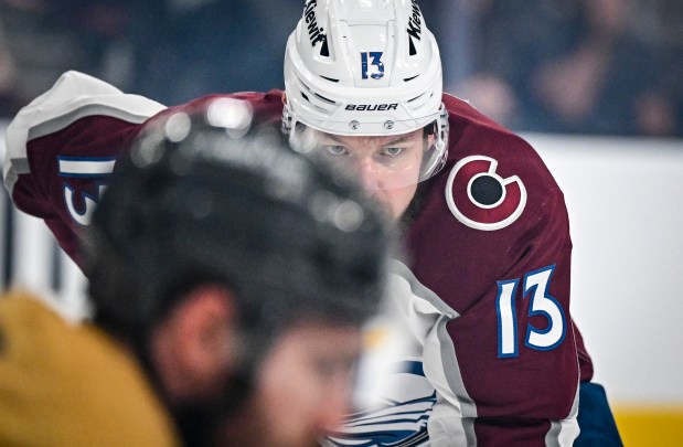 Valeri Nichushkin (13) of the Colorado Avalanche prepares for a face off against the Vegas Golden Knights during the first period of Game 3 of the NHL Western Conference Final at T-Mobile Arena in Las Vegas, Nevada on Sunday, May 24, 2026. (Photo by AAron Ontiveroz/The Denver Post)