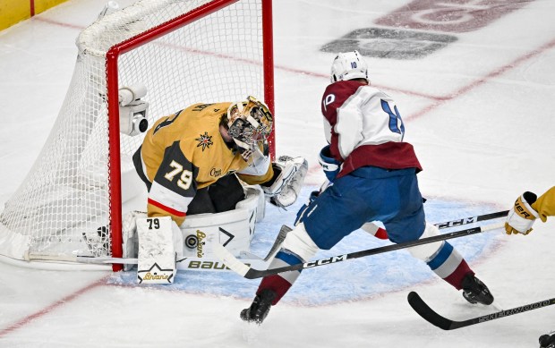 Carter Hart (79) of the Vegas Golden Knights stuffs Nicolas Roy (10) of the Colorado Avalanche during the second period of Game 4 of the NHL Western Conference Final at T-Mobile Arena in Las Vegas, Nevada on Tuesday, May 26, 2026. (Photo by AAron Ontiveroz/The Denver Post)