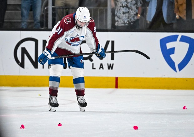 Nazem Kadri (91) of the Colorado Avalanche reacts after the the Vegas Golden Knights' 2-1 win in Game 4 of the NHL Western Conference Final at T-Mobile Arena in Las Vegas, Nevada on Tuesday, May 26, 2026. Vegas finished the series with a 4-0 sweep and will advance to the Stanley Cup Final. (Photo by AAron Ontiveroz/The Denver Post)
