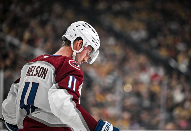 Brock Nelson (11) of the Colorado Avalanche hangs his head during the third period of the Vegas Golden Knights' 2-1 win in Game 4 of the NHL Western Conference Final at T-Mobile Arena in Las Vegas, Nevada on Tuesday, May 26, 2026. Vegas finished the series with a 4-0 sweep and will advance to the Stanley Cup Final. (Photo by AAron Ontiveroz/The Denver Post)