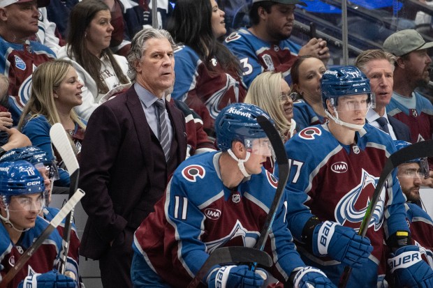 Head coach Jared Bednar of the Colorado Avalanche looks on from the bench during the second period of game one of the first round of the 2026 Stanley Cup Playoffs against the Los Angeles Kings on Sunday, April 19, 2026, at Ball Arena in Denver. (Photo by Timothy Hurst/The Denver Post)