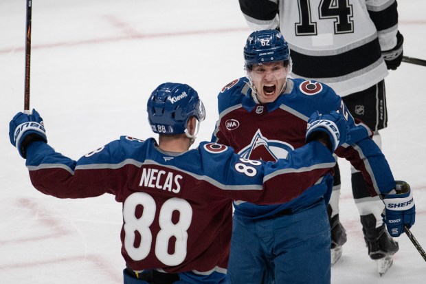 Left wing Artturi Lehkonen (62) of the Colorado Avalanche celebrates scoring the first goal of the game during the second period of game one of the first round of the 2026 Stanley Cup Playoffs against the Los Angeles Kings on Sunday, April 19, 2026, at Ball Arena in Denver. (Photo by Timothy Hurst/The Denver Post)